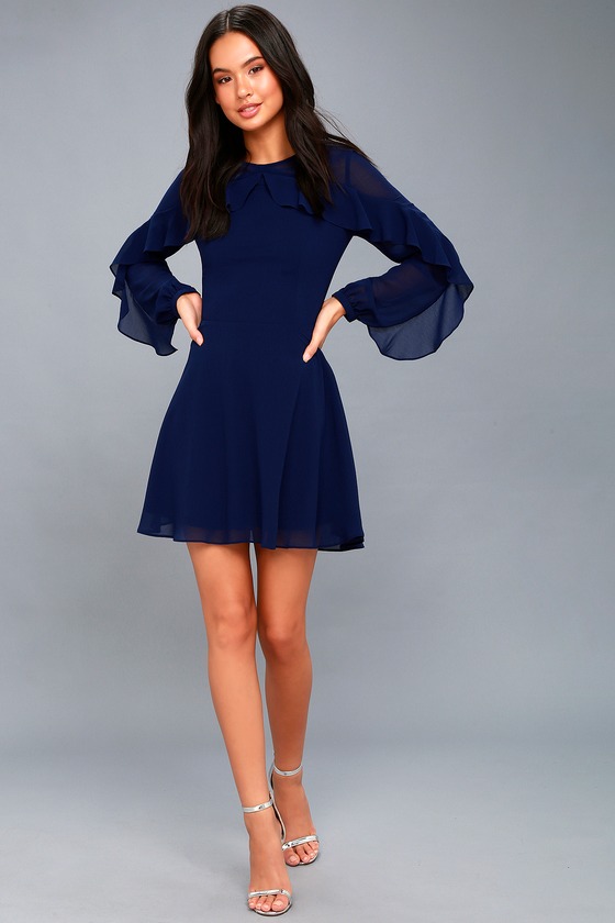 Lovely Navy Blue Dress - Long Sleeve Dress - Skater Dress - Lulus
